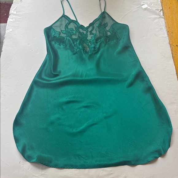 Vintage 90s Victoria’s Secret Gold Label Satin Robe Chemise Slip Set Large Green - Picture 3 of 17